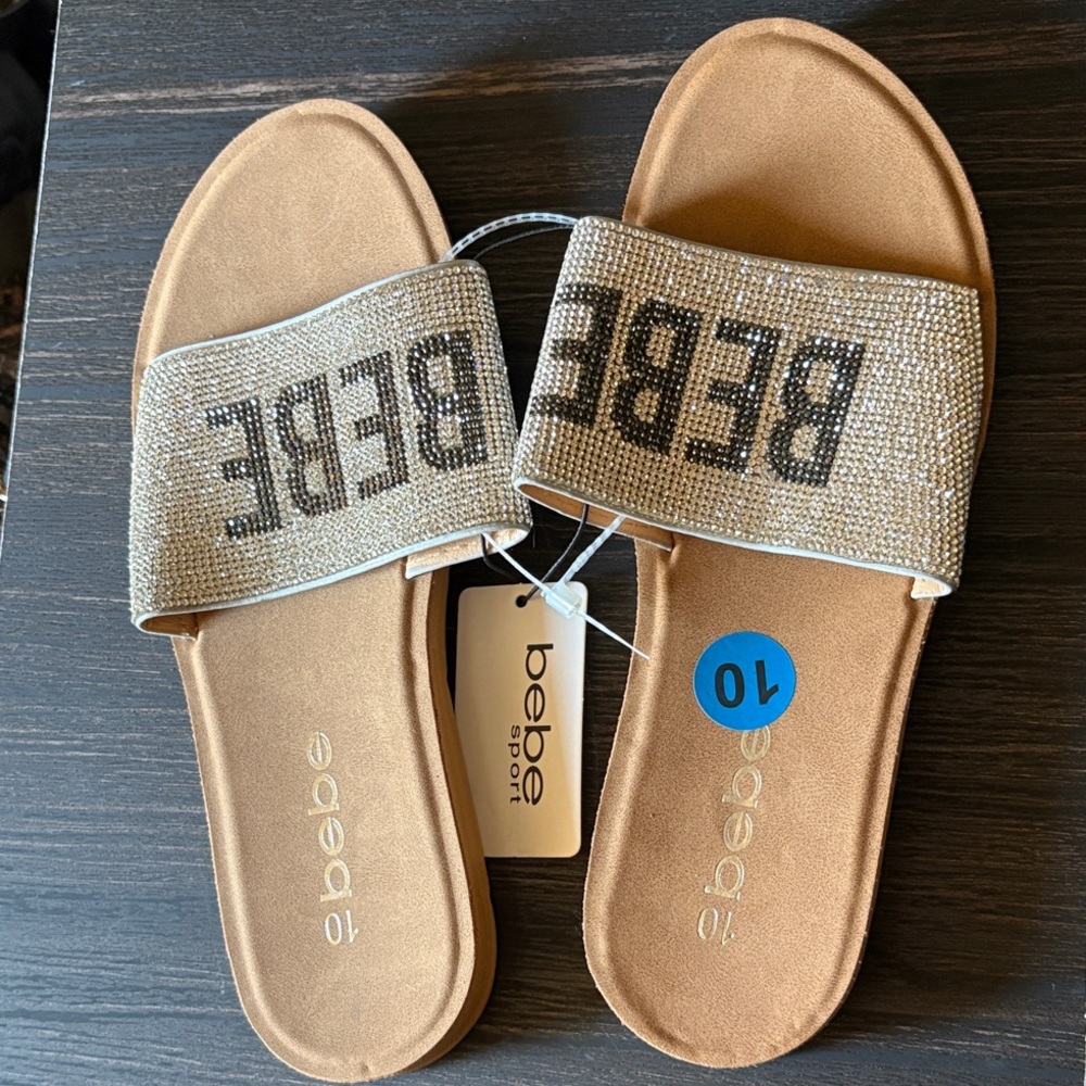 Bebe Tan and Silver Embellished Slide Sandals size 10 & 9 available Hot Deals